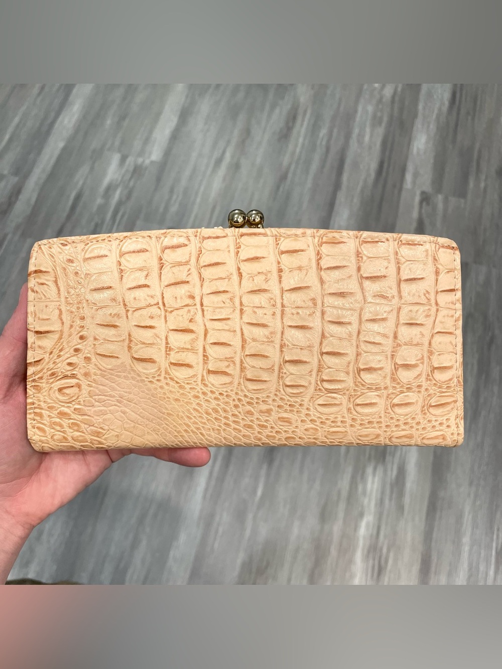 Croc Embossed Cream Pink Kiss Lock Wallet Clutch Neutral Faux Leather Unbranded